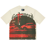 Beige t-shirt with graphic design of a person and cars on a white background