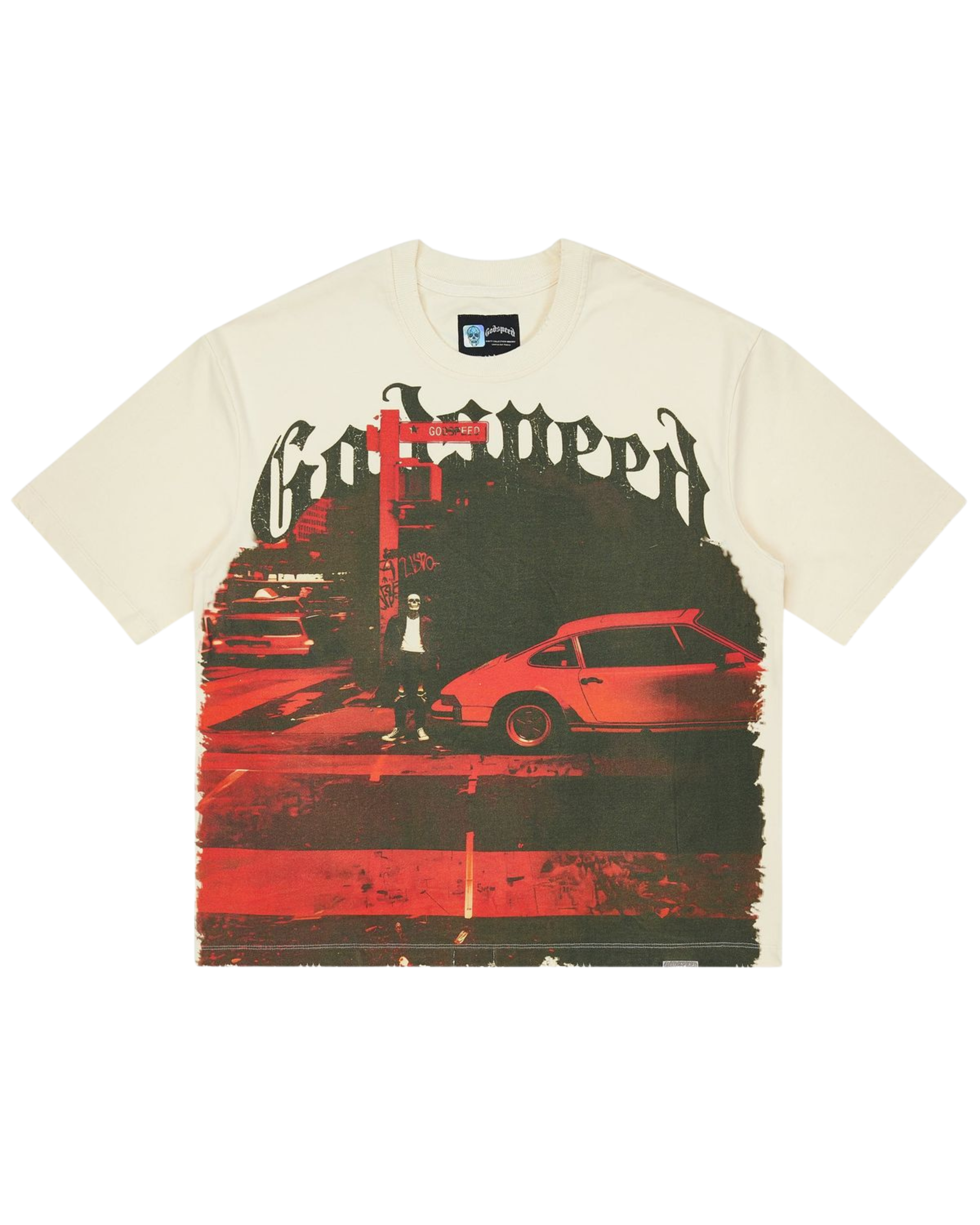 Beige t-shirt with graphic design of a person and cars on a white background