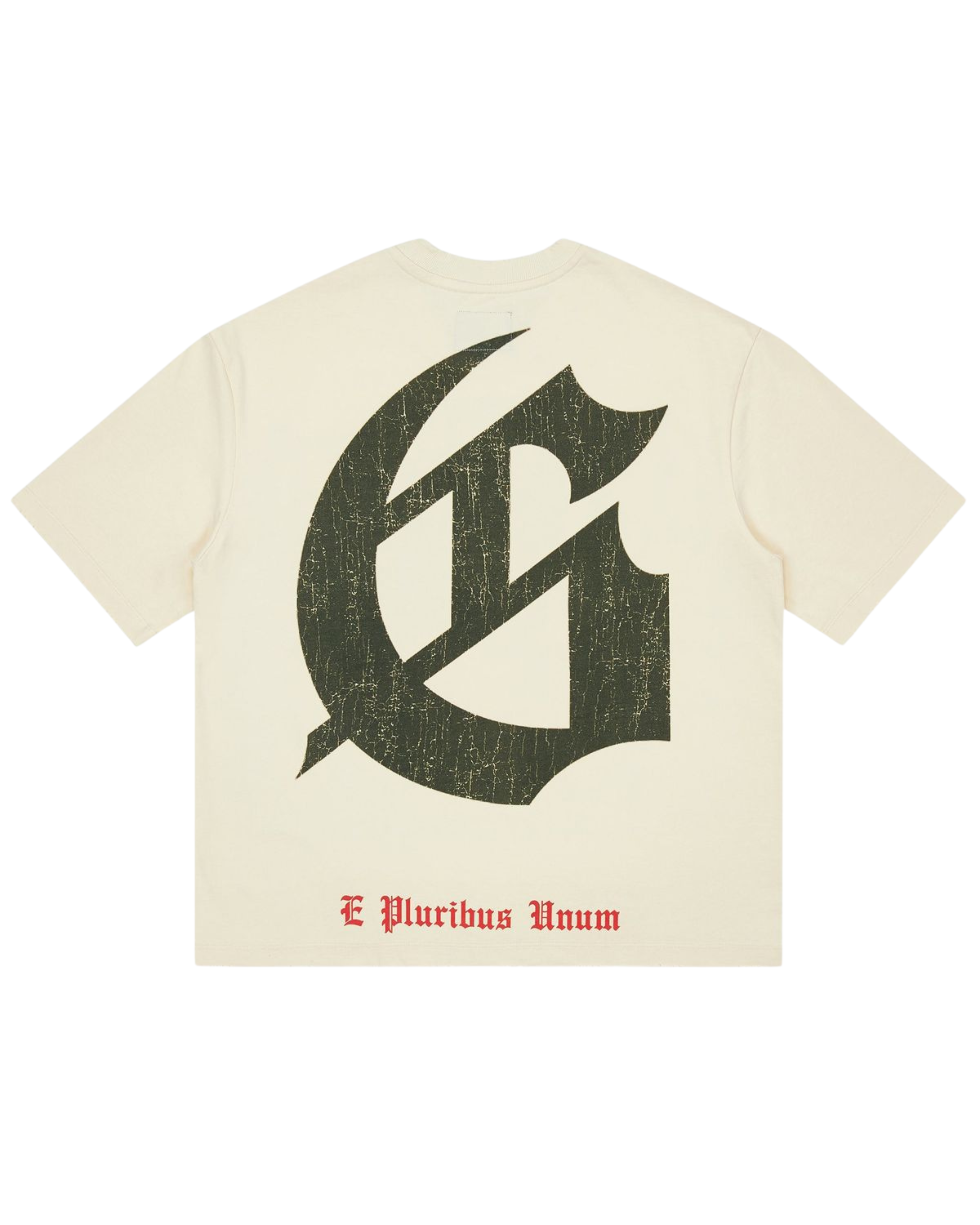 Beige t-shirt with large black letter 'G' and 'E Pluribus Unum' text on a white background