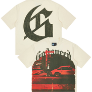 White t-shirt with black logo and red graphic design on a white background