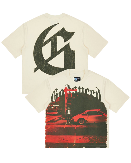 White t-shirt with black logo and red graphic design on a white background