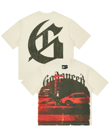 White t-shirt with black logo and red graphic design on a white background
