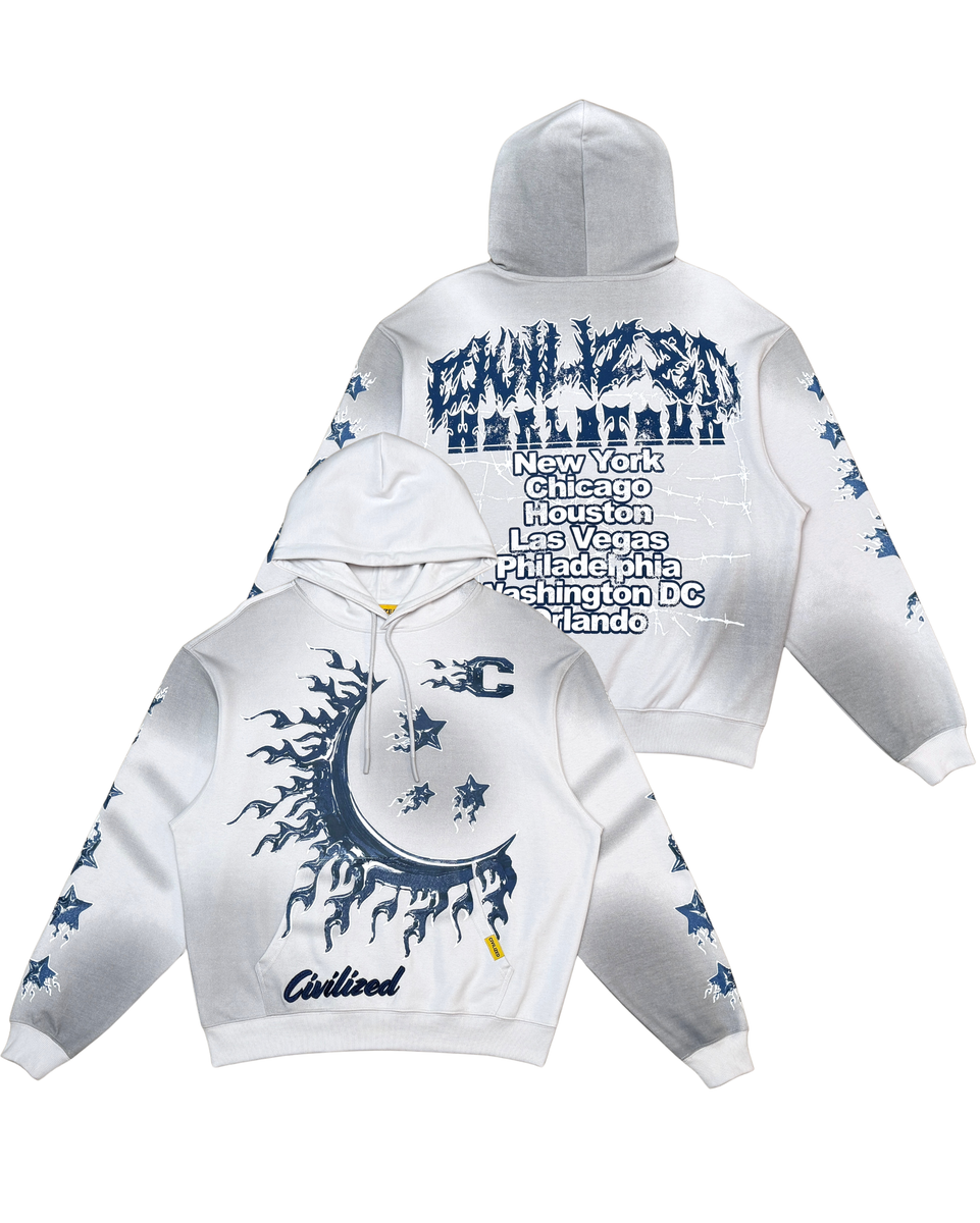 White hoodie with blue and black text and graphics on a white background