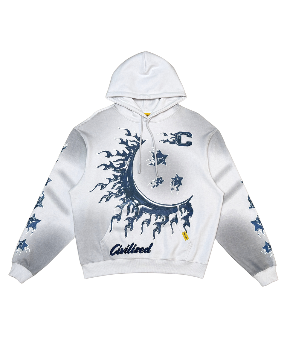 White hoodie with blue graphic design on a white background