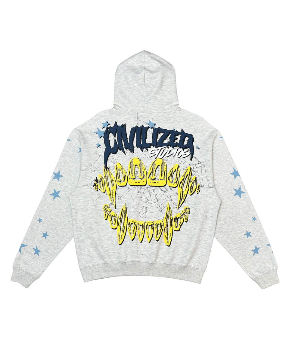 Gray hoodie with colorful text and star patterns on a white background
