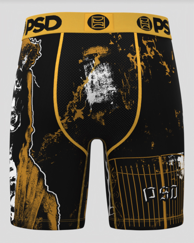 Black and yellow athletic BRIEFs with 'PSD' branding on a white background