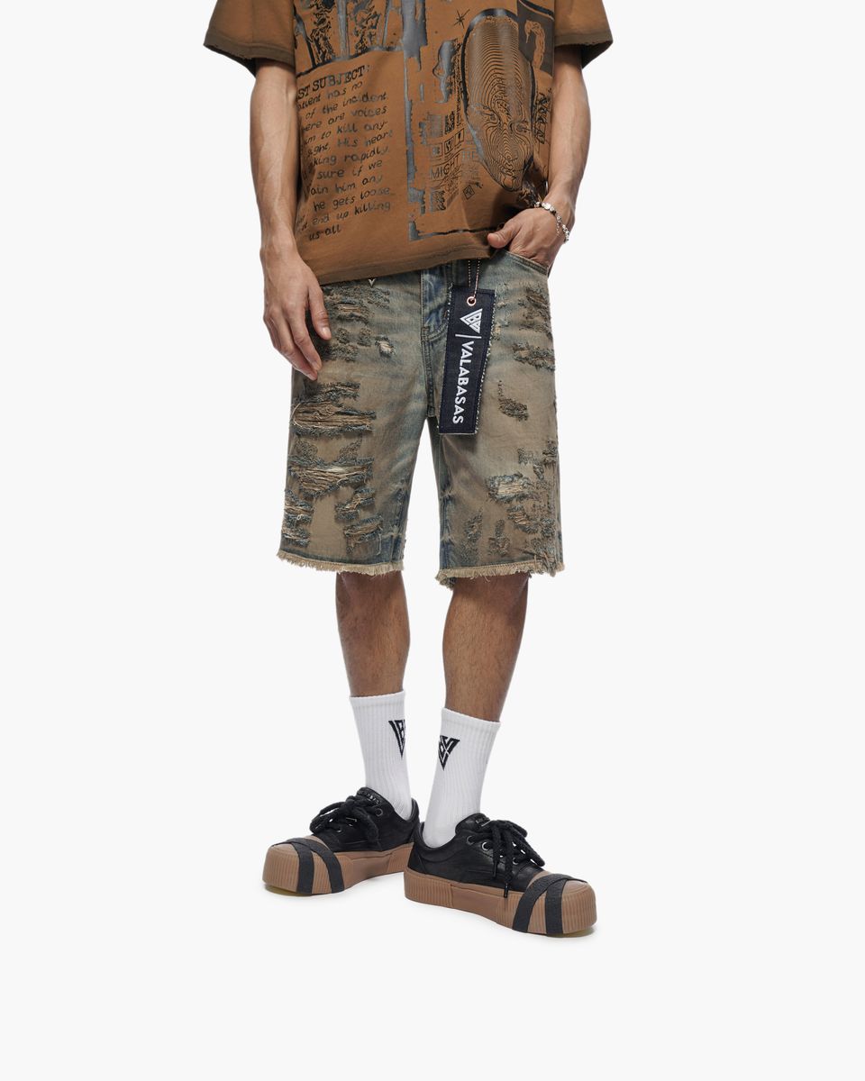 Clipped Denim Shorts