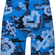 Blue camouflage-patterned boxer briefs with a brand logo on a white background