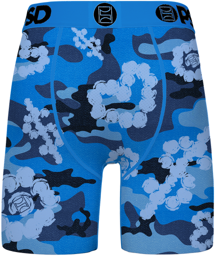 Blue camouflage-patterned boxer briefs with a brand logo on a white background