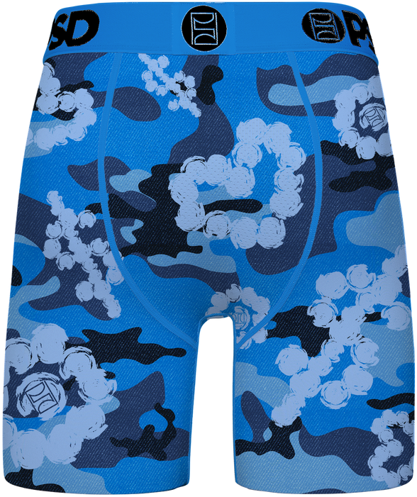 Blue camouflage-patterned boxer briefs with a brand logo on a white background