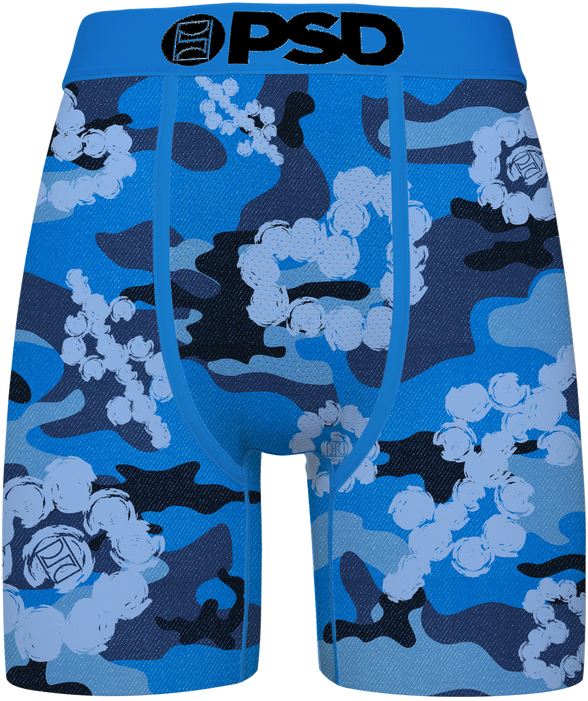 Blue camouflage BRIEFS with 'PSD' branding on a white background