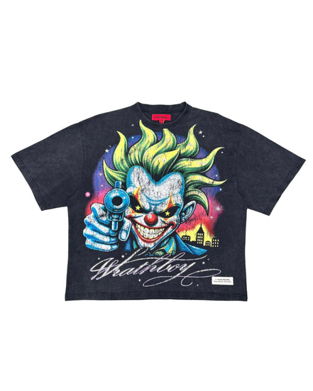 A dark charcoal gray graphic t-shirt featuring a detailed illustration of the Joker pointing a gun forward, with 'WRATHBOY' written in white script below, set against a plain white background.