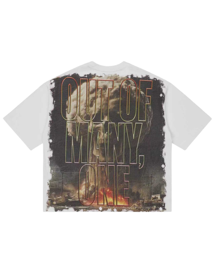 T-shirt with 'Out of Many, One' design on a white background