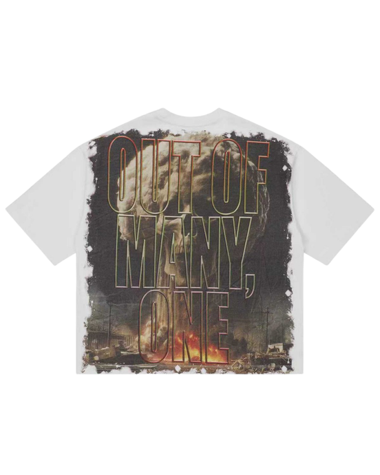 T-shirt with 'Out of Many, One' design on a white background