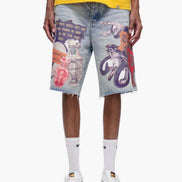 Person wearing a yellow shirt and denim shorts with graphic designs on a white background