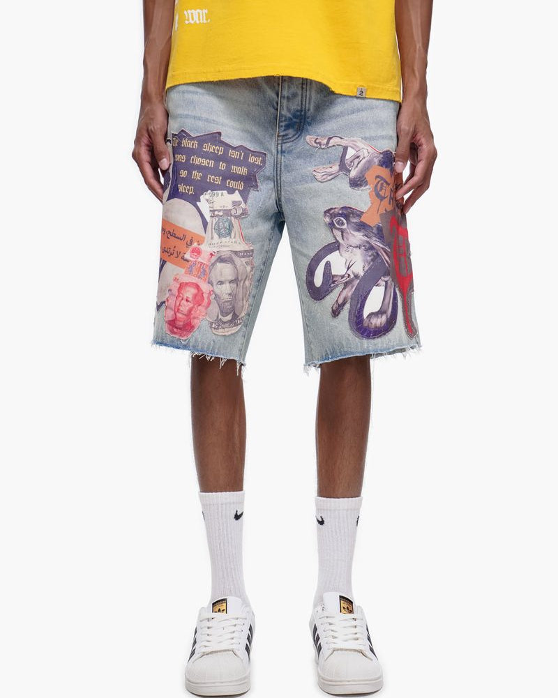 Person wearing a yellow shirt and denim shorts with graphic designs on a white background
