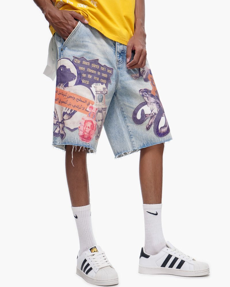 Person wearing a yellow shirt, colorful denim shorts, and white sneakers on a white background