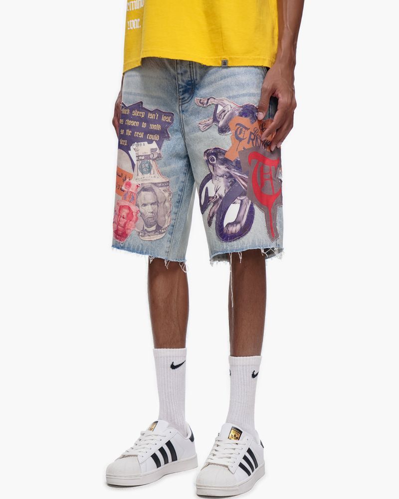 Person wearing colorful graphic shorts with a yellow top and white sneakers on a white background
