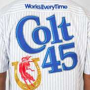 Back view of a shirt with 'Colt 45' branding and text on a white background