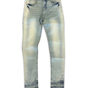 Light wash blue denim jeans with a faded yellowish tint on the thighs and a dark blue distressed wash at the hems, shown flat on a white background.