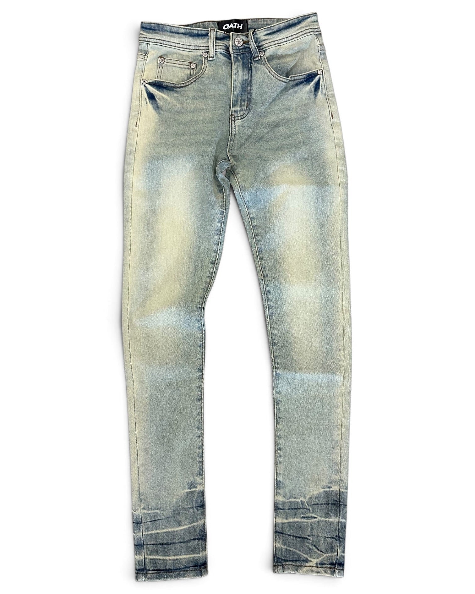 Light wash blue denim jeans with a faded yellowish tint on the thighs and a dark blue distressed wash at the hems, shown flat on a white background.