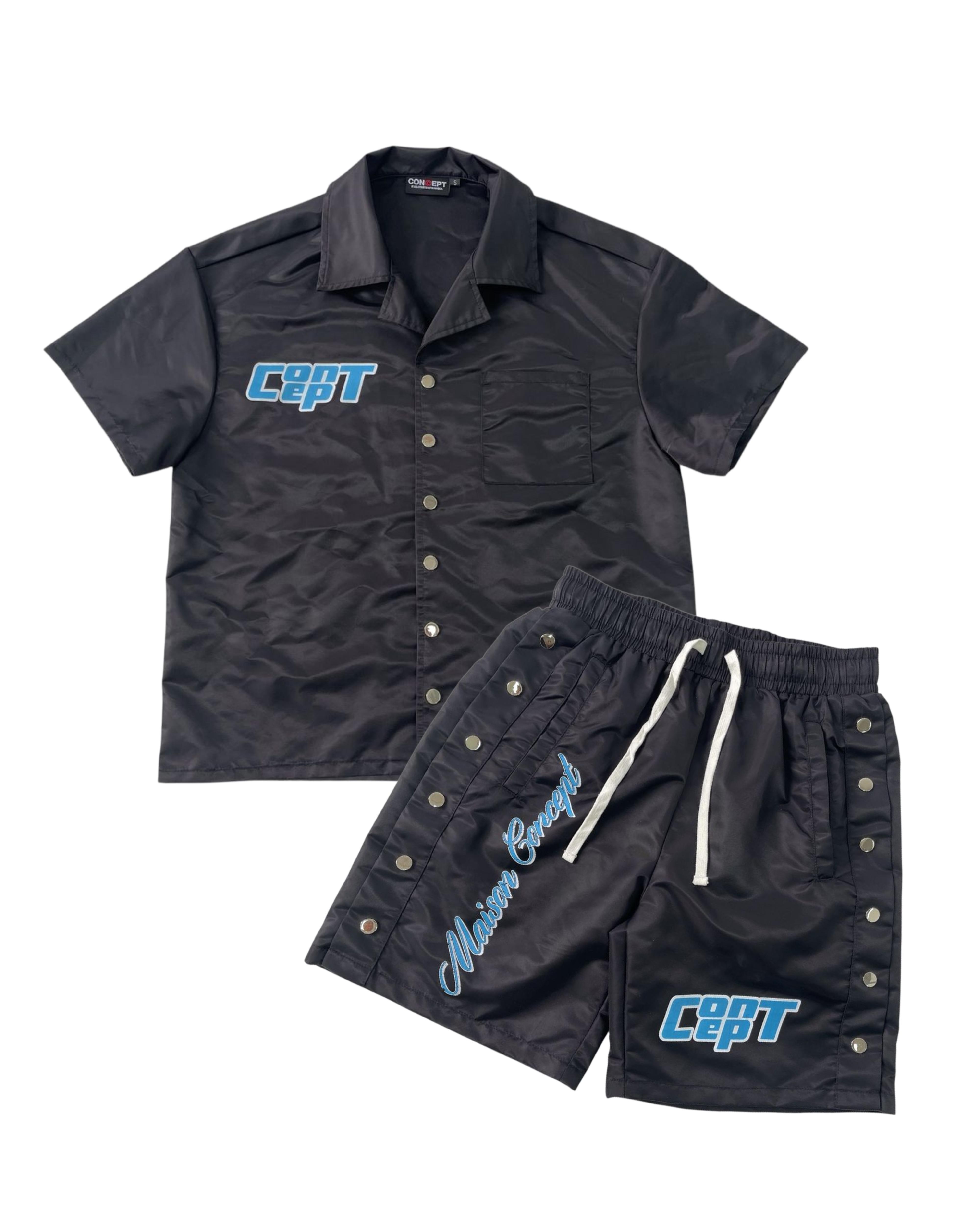 Black shirt and shorts set with blue branding on a white background
