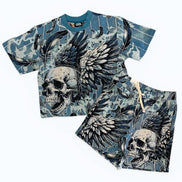 Set of t-shirt and shorts with skull and wing design on a white background