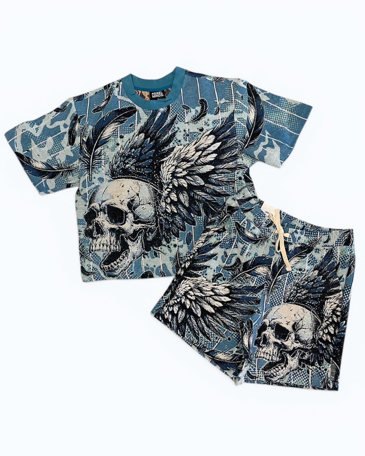 Set of t-shirt and shorts with skull and wing design on a white background