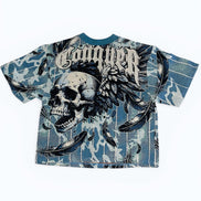 T-shirt with skull and eagle design on a blue camouflage pattern