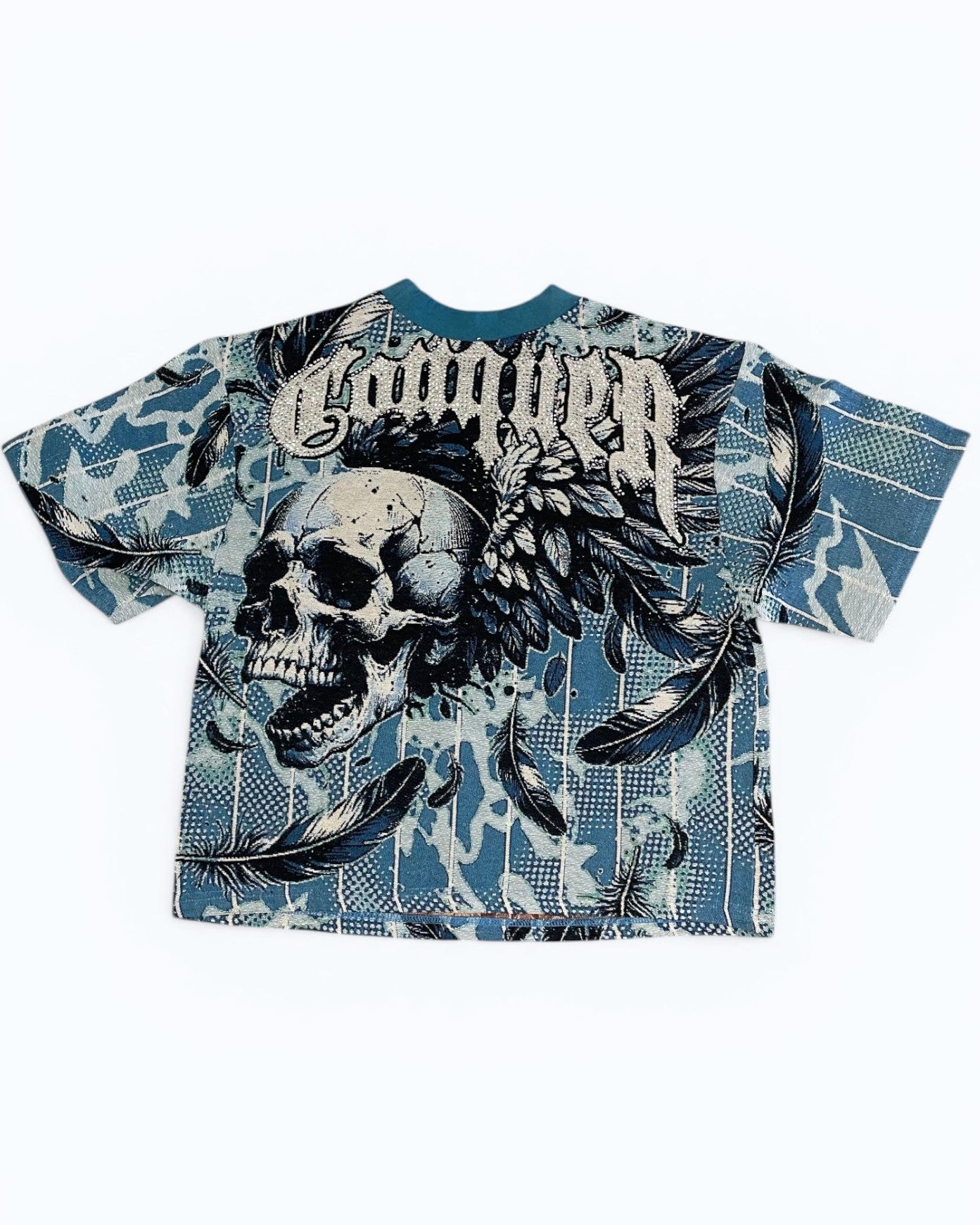 T-shirt with skull and eagle design on a blue camouflage pattern
