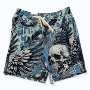 Shorts with skull and leaf pattern on a white background