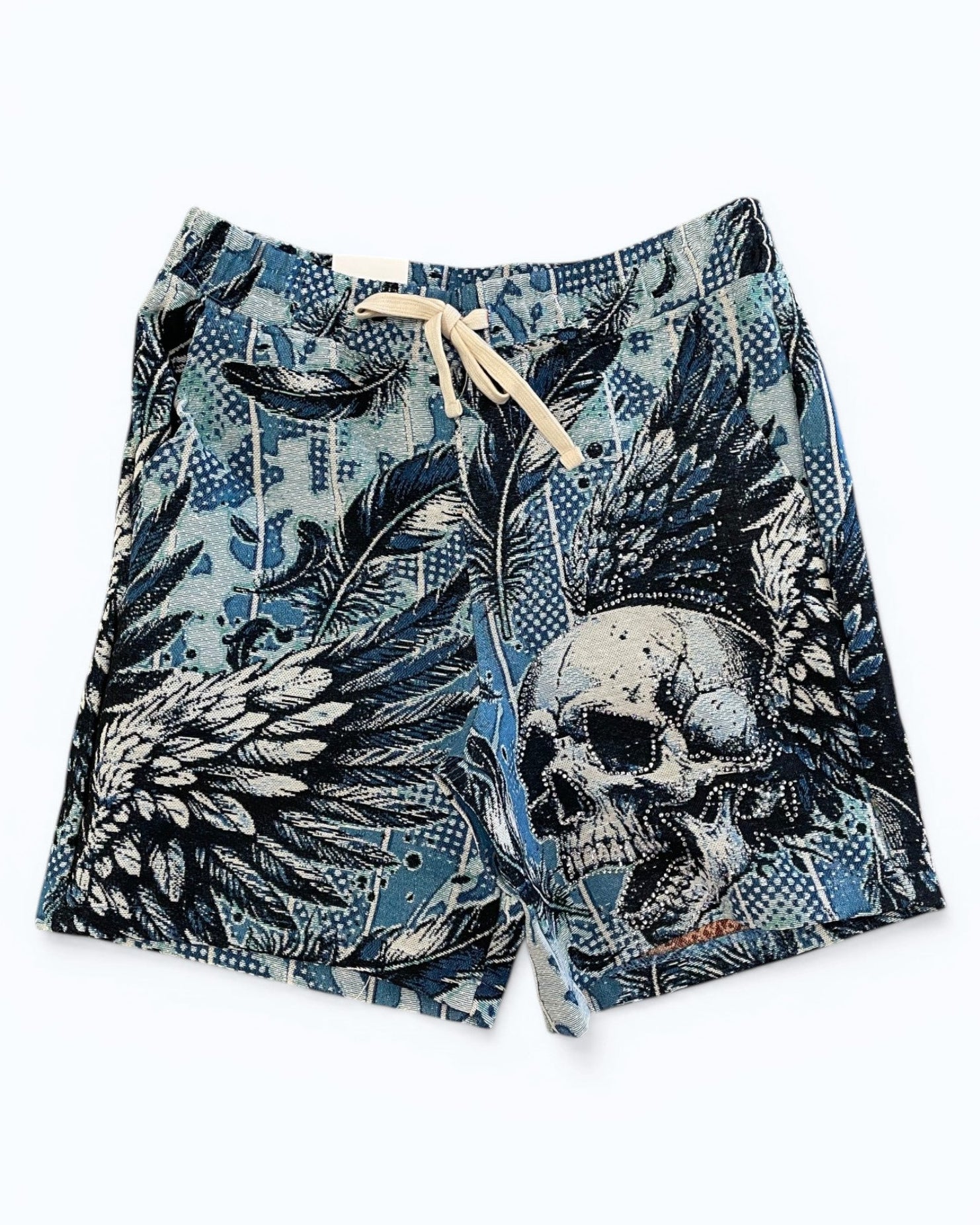 Shorts with skull and leaf pattern on a white background