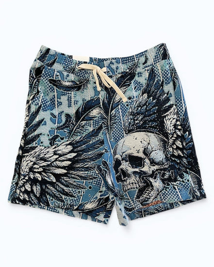 Shorts with skull and leaf pattern on a white background