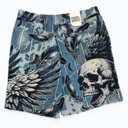 Shorts with skull and leaf pattern on a white background