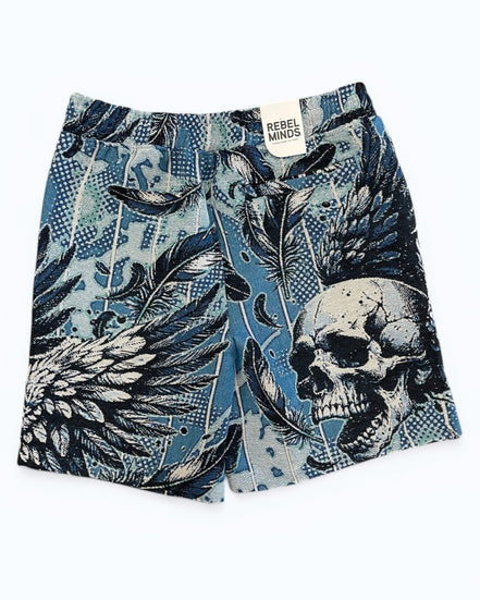 Shorts with skull and leaf pattern on a white background
