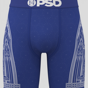 Blue men's underwear with white patterns and 'PSD' branding on a gray background
