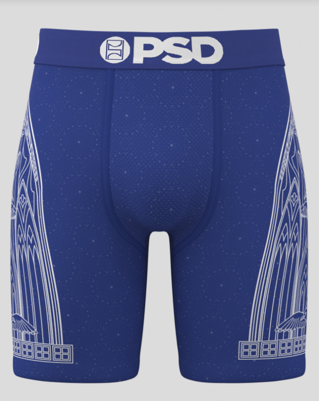 Blue men's underwear with white patterns and 'PSD' branding on a gray background