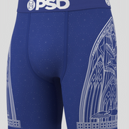 Blue men's underwear with white design and 'PSD' waistband on a gray background