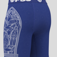 Blue athletic shorts with white graphics and 'PSD' branding on a gray background