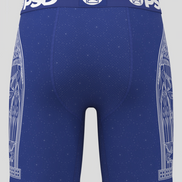 Blue athletic shorts with white patterns and 'PSD' branding on a gray background