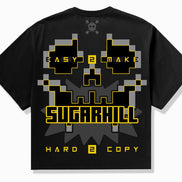 Black t-shirt with pixelated design and text on a white background