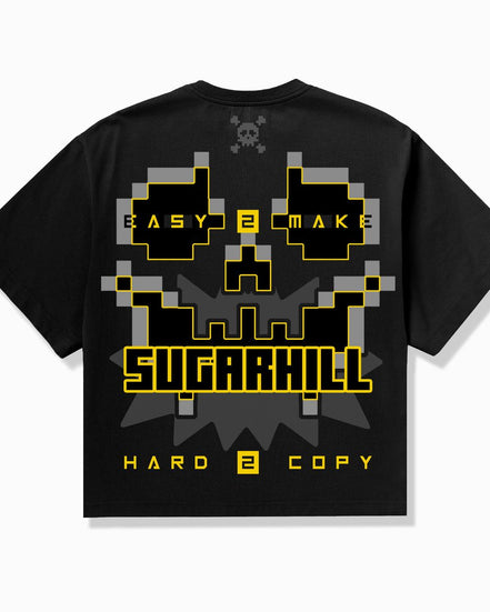 Black t-shirt with pixelated design and text on a white background