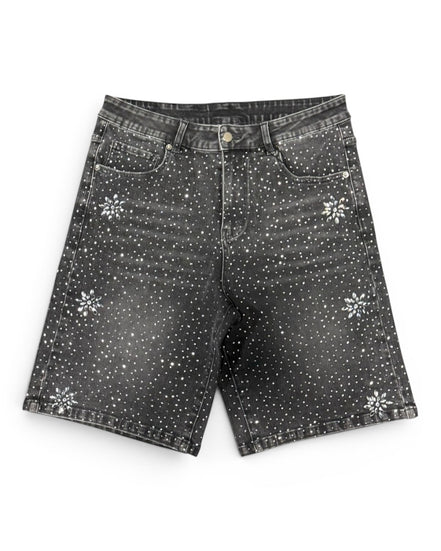 Black denim shorts with white floral patterns on a white background