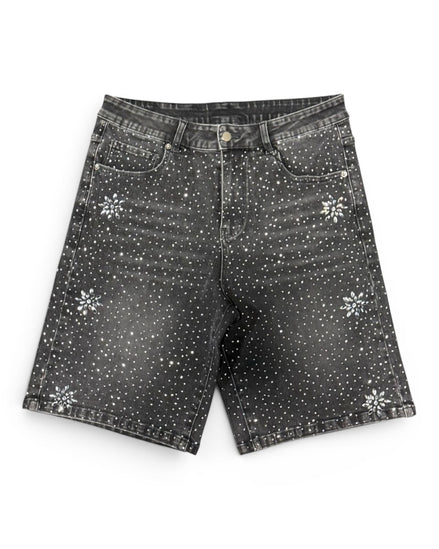 Black denim shorts with white floral patterns on a white background