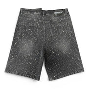 Black denim shorts with white speckles on a white background
