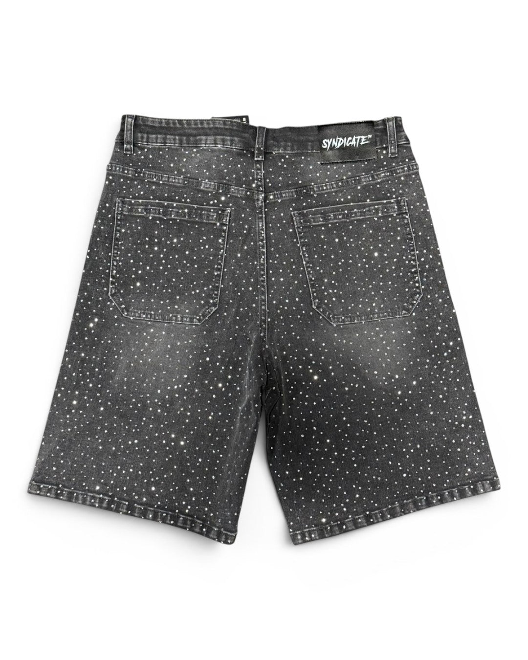 Black denim shorts with white speckles on a white background