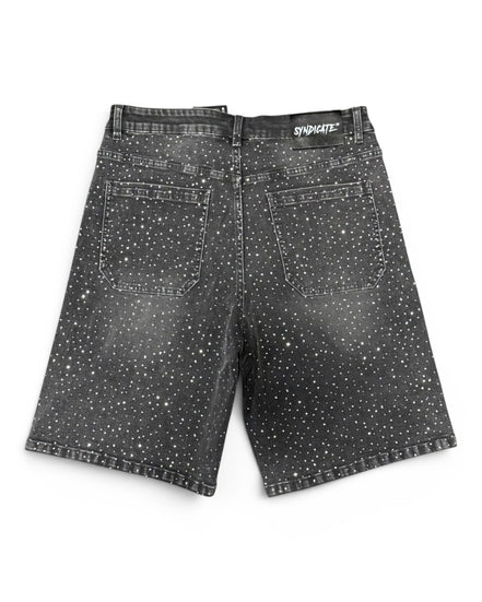 Black denim shorts with white speckles on a white background