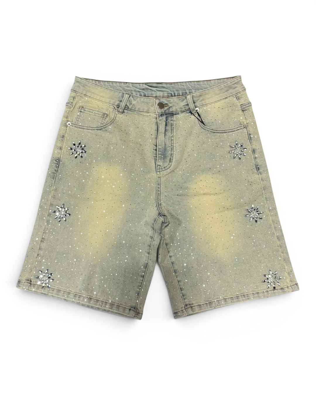 Denim shorts with embellishments on a white background