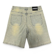 Back view of light-colored denim shorts with a brand label on a white background