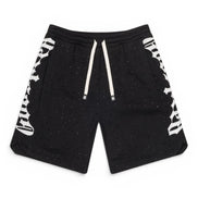 Black shorts with white patterns on a white background